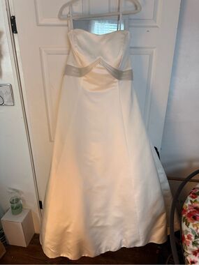 Allure Bridals Ivory A-Line Strapless Satin Wedding Dress with Champagne Detail